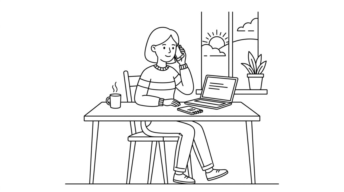 Black and white editorial line illustration of a person standing by a kitchen counter in the morning, holding a phone to their ear, with steam rising from a coffee cup and soft window light suggested by a single line.